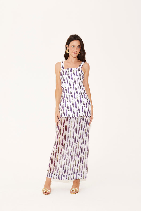Total Look: Top Isadora e Saia Antonela Ervilhas Fundo Branco