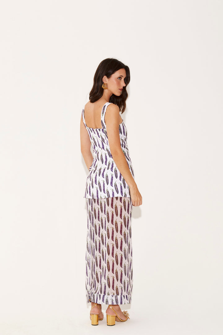 Total Look: Top Isadora e Saia Antonela Ervilhas Fundo Branco
