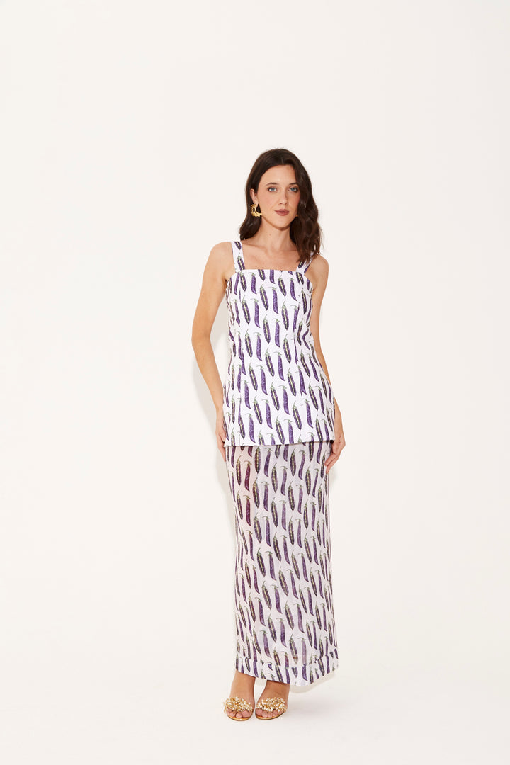 Total Look: Top Isadora e Saia Antonela Ervilhas Fundo Branco